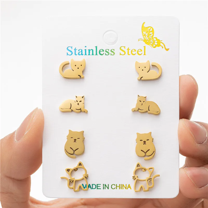 4Pairs/Lot Fashion Cat Stainless Steel Stud Earrings for Women Lovely Happy Kitten Earings Everyday Jewelry Ear Piercing Gift