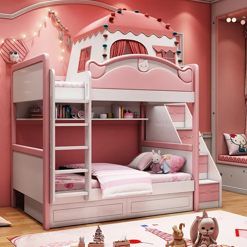 

Solid wood up and down with wide mother and child bed Children's princess castle Bedroom furniture