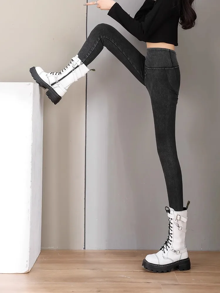ハイウエストヨガパンツ レディース デニム シャークスキン タイトフィット フリース裏地 ヒップアップ ストレッチ ボトムス パンツ 秋冬