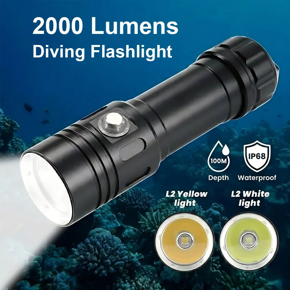 

LED Dive Light 2000Lumens Diving Flashlight IP68 Waterproof Super Bright Scuba Torch 26650 Battery Underwater 100M Deep Sea Lamp