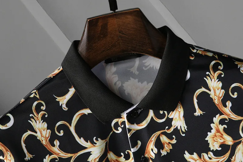 Summer New Men\'s Fashion Trend Polo Shirt Print Casual Black Gold Print Lapel Short Sleeve Polo Shirt Polo Shirt Men\'s Clothing