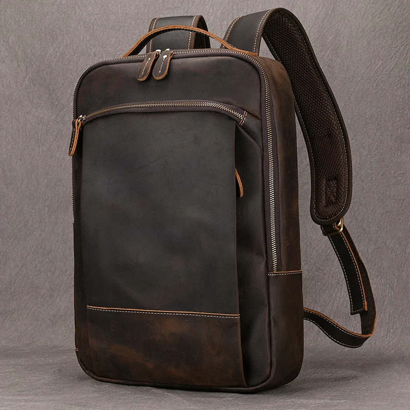 Vintage Men\'s Crazy Horse Leather Backpack genuine leather Retro Rucksack Large Classic Travel Backpack Big laptop computer bag