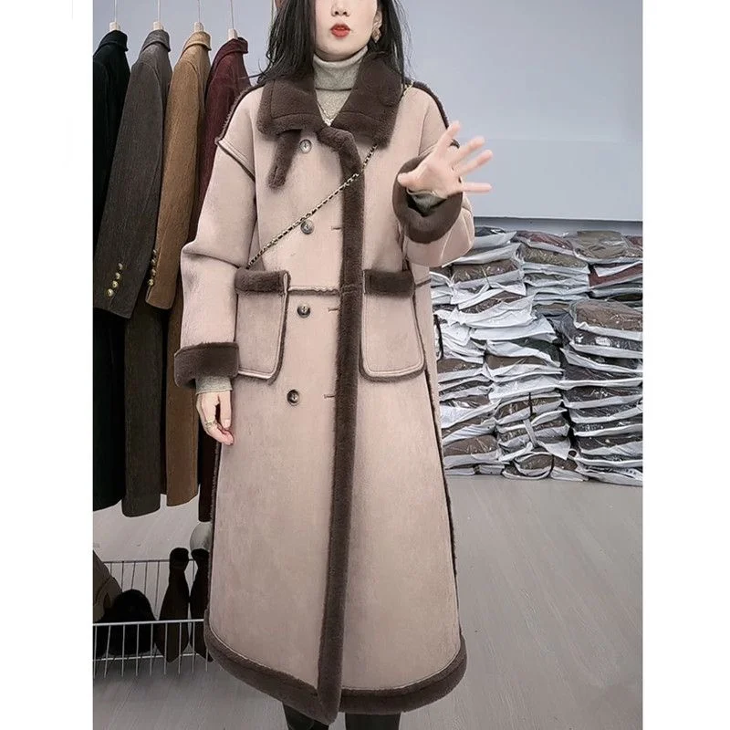 Faux Fur Coat For Women\'s Winter 2024 New Suede Lamb Fur Loose And Slimming Thicken Long fur Jacket wool Suede Velvet Coat Gray