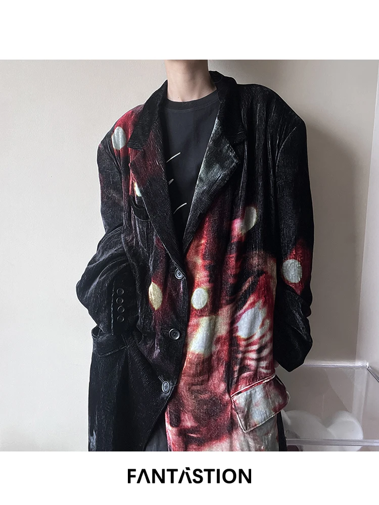 

FANTASTION Original design Dark red and dark themed print velvet oversized Casual Trench unisex coat jacket corduroy trench coat