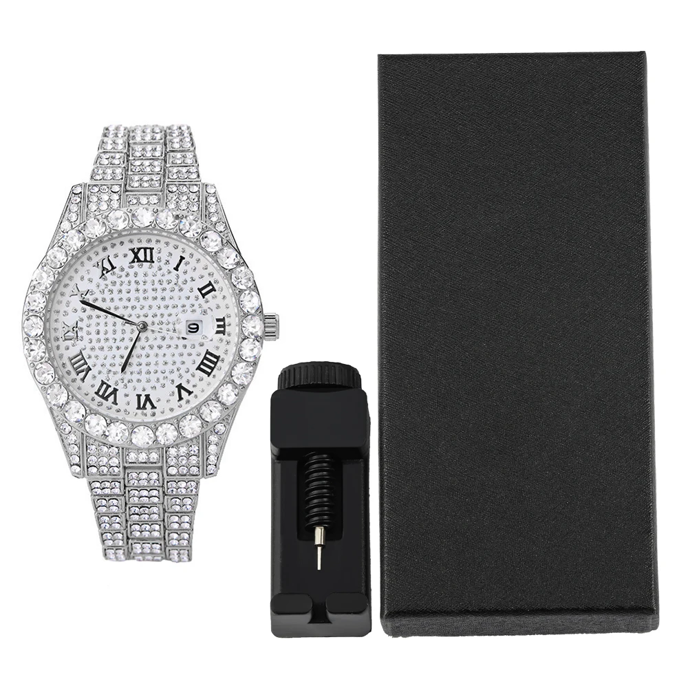 Hip-hop Punk Quartz Watch Stylish Full Diamonds Watch 2 Styles to Choose Bundled Size Adjuster Men Women Party Jewelry Gift Box