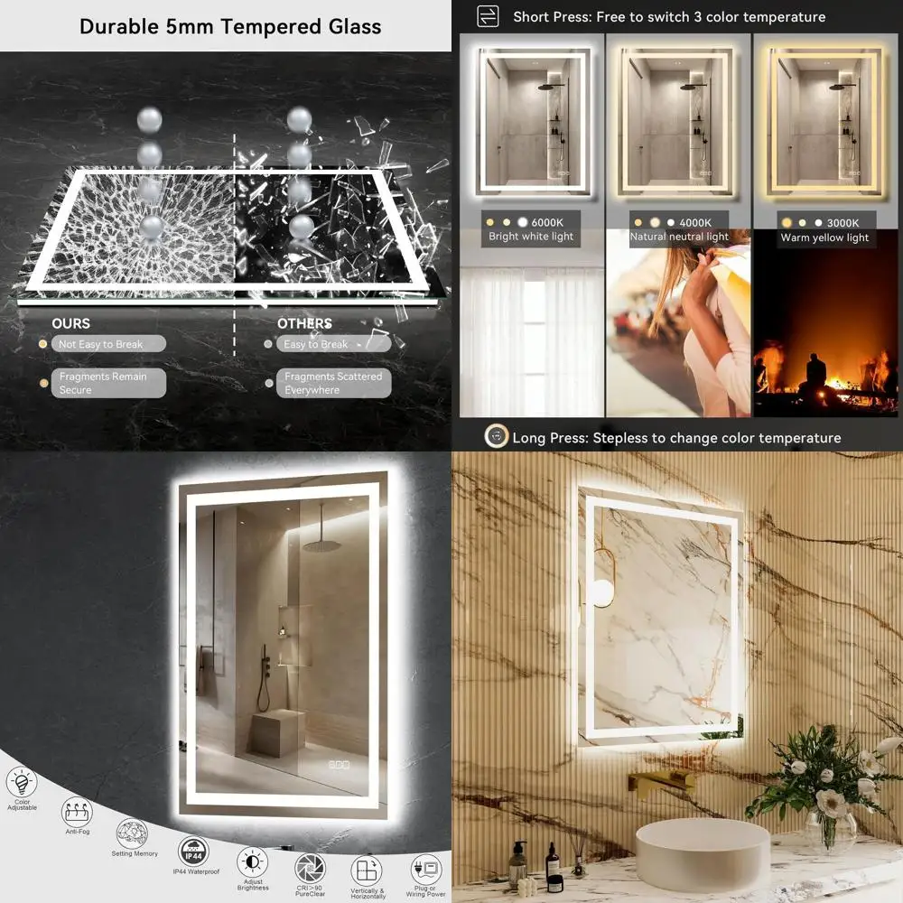 

28x36 Inch LED Bathroom Mirror, Dual-Lighted, Anti-Fog, Dimmable, 3-Color, Tempered Glass, Wall-Mounted Vanity Mirror