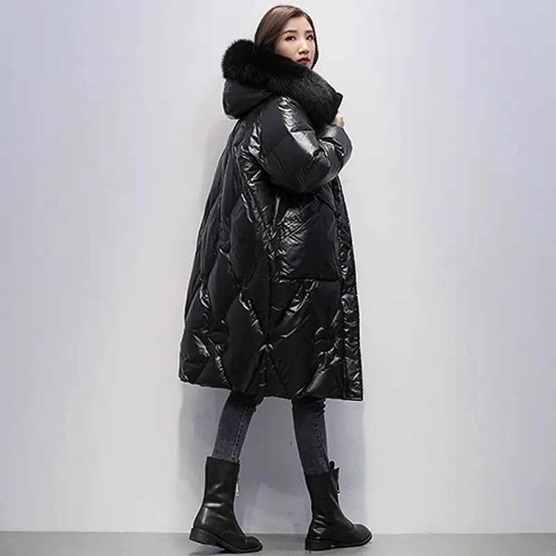 Women\'s Parkas Winter Down Padded Jacket Fashion Mid-length Loose Thickened Hooded Warm Big Fur Collar Winter Coat Women 2022