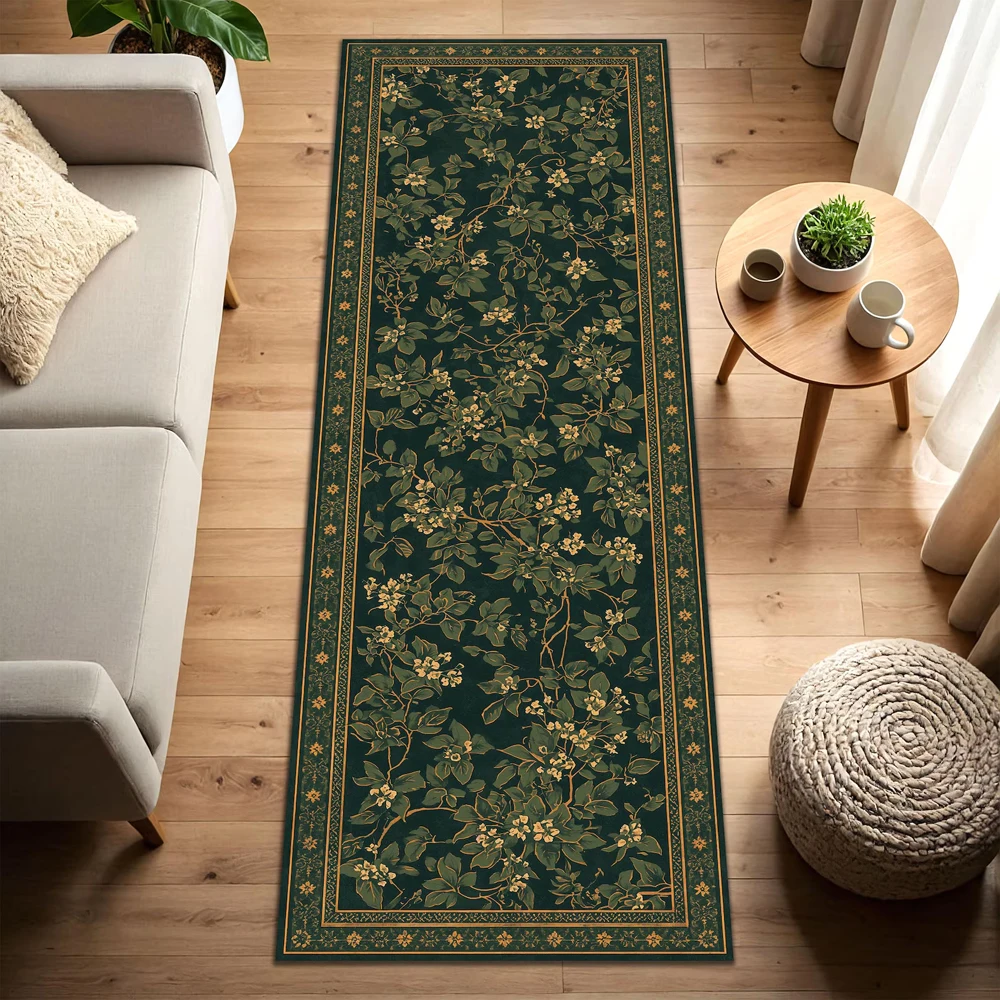 Dark Green Botanical Runner Rug Vintage Style Non-Slip Washable Carpet for Hallway Living Room Bedroom Entryway Home Decor