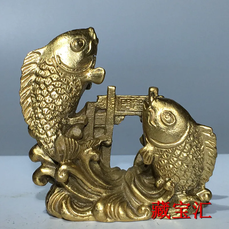 Vintage Collected Yellow Bright Pure Copper Carp Leaping Over Dragon Gate Good Fortune Decoration For Living Room Entrance
