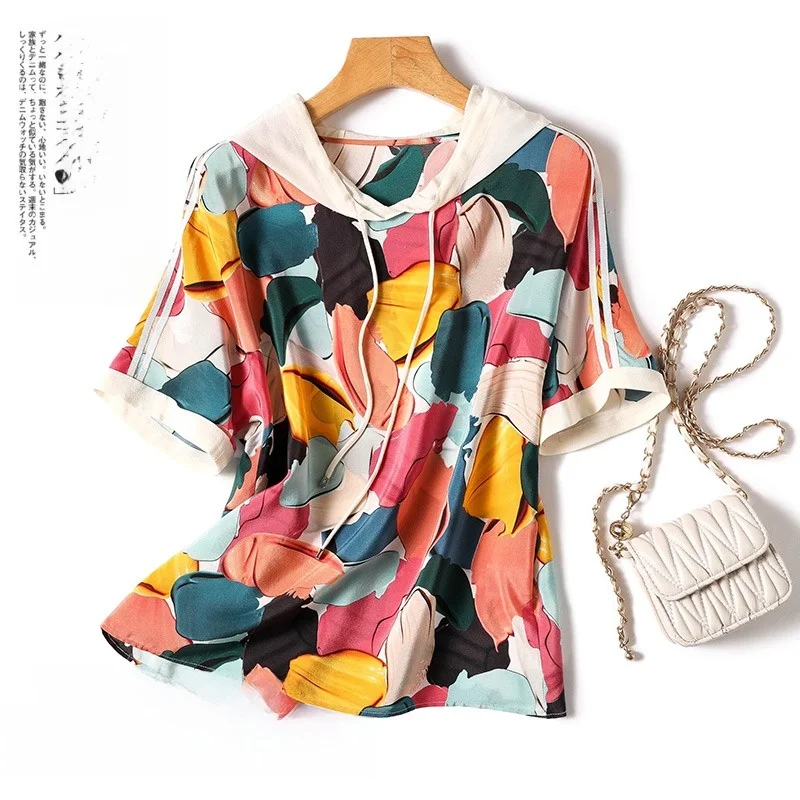 

Loose Large Size Silk ort Sve T-irt Women's Real Silk Hooded Top Qingdao Brand Korean Sle Printed Splicing Commute