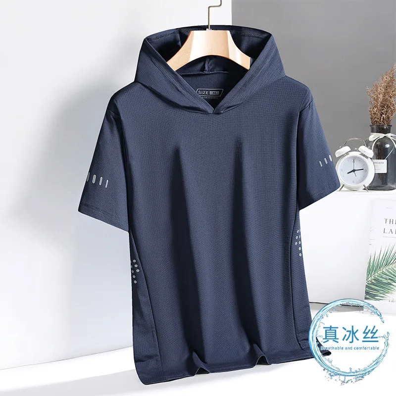Hooded Ice Silk T-Shirt Men's 2026 Summer Thin Sports Short Sleeve T-Shirt