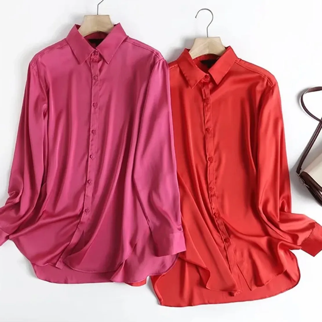 Maxdutti 2023 England Style Office Lady Fashion Blouse Simple Casual Shirt Tops Rose Color Satin Blouse Women