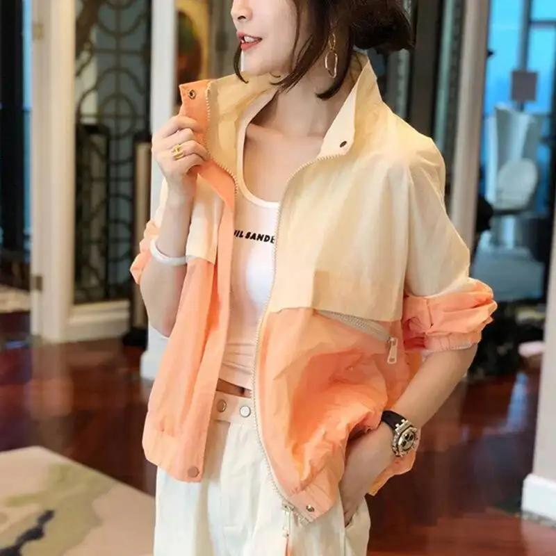 

2025 New Spring And Summer Women Casual Loose Color Matching Baseball Uniform Sunscreen Thin Cardigan Short Coat Printing Female