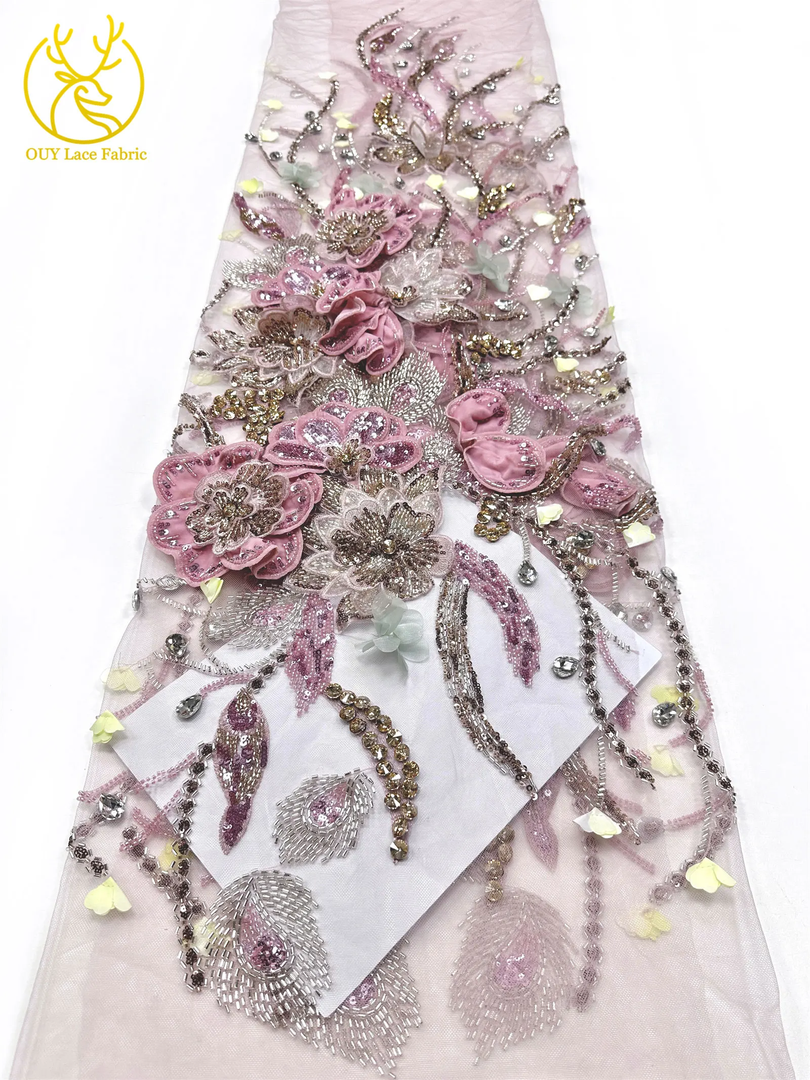 Handgefertigter Luxus Maßgeschneiderter 3D-Stickerei-Blumen-Edelstein-Spitzenstoff Afrikanischer Perlen-Pailletten-Spitzenstoff für Brautkleider – Detail 9