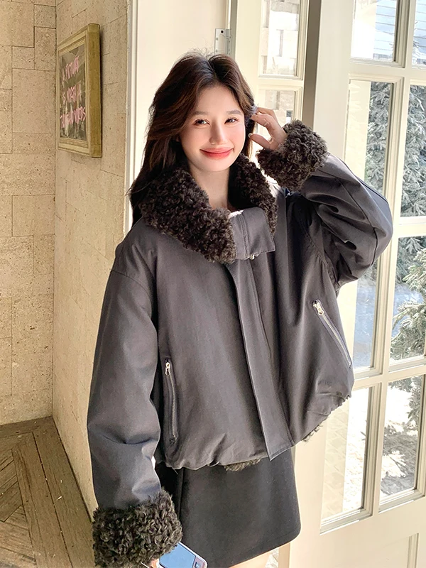 

Серая двусторонняя парка с большим воротником, женская короткая зимняя модная теплая утепленная верхняя одежда на молнии, корейский стиль