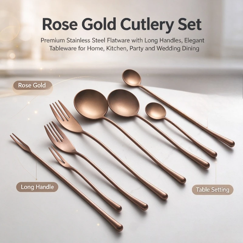 1PC Rose Gold Stainless Steel Cutlery Set Western Dining Tableware Kit Contains Knife Fork Spoon Dessert Spoon And Chopsticks