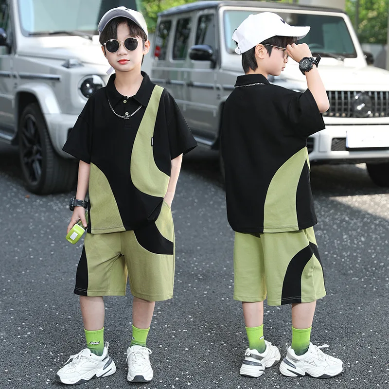 

Летний комплект рубашки ПОЛО для мальчиков от 4 до 14 лет, новинка 2023 года, летний детский повседневный топ + штаны, модный комплект из двух предметов для мальчиков