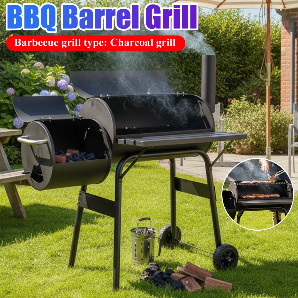

Wheeled Barrel BBQ Grill 192 Sq. In. Cooking Space Spacious Barrel Charcoal BBQ Grill for Patio Picnics Camping Backyard Cooking