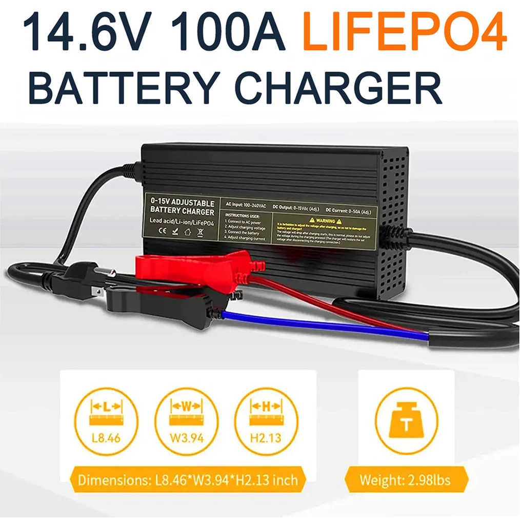 14.6V Fast Battery Charger Fully Automatic 0-15V Adjustable 200AH 300AH LiFePO4 RV Solar Battery Charging 60A 100A Power Adapter