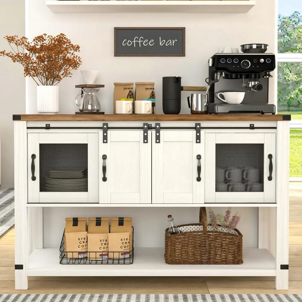 

Farmhouse Coffee Bar Cabinet with Storage, 47'' Coffee Bar Table with Sliding Barn Door, White Coffee Buffet Cabinet with Metal