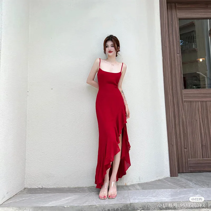 

Spot Goods705Summer New2025Rayon Solid Color Square Collar Asymmetric Ruffled Mid-Length Sling Dress
