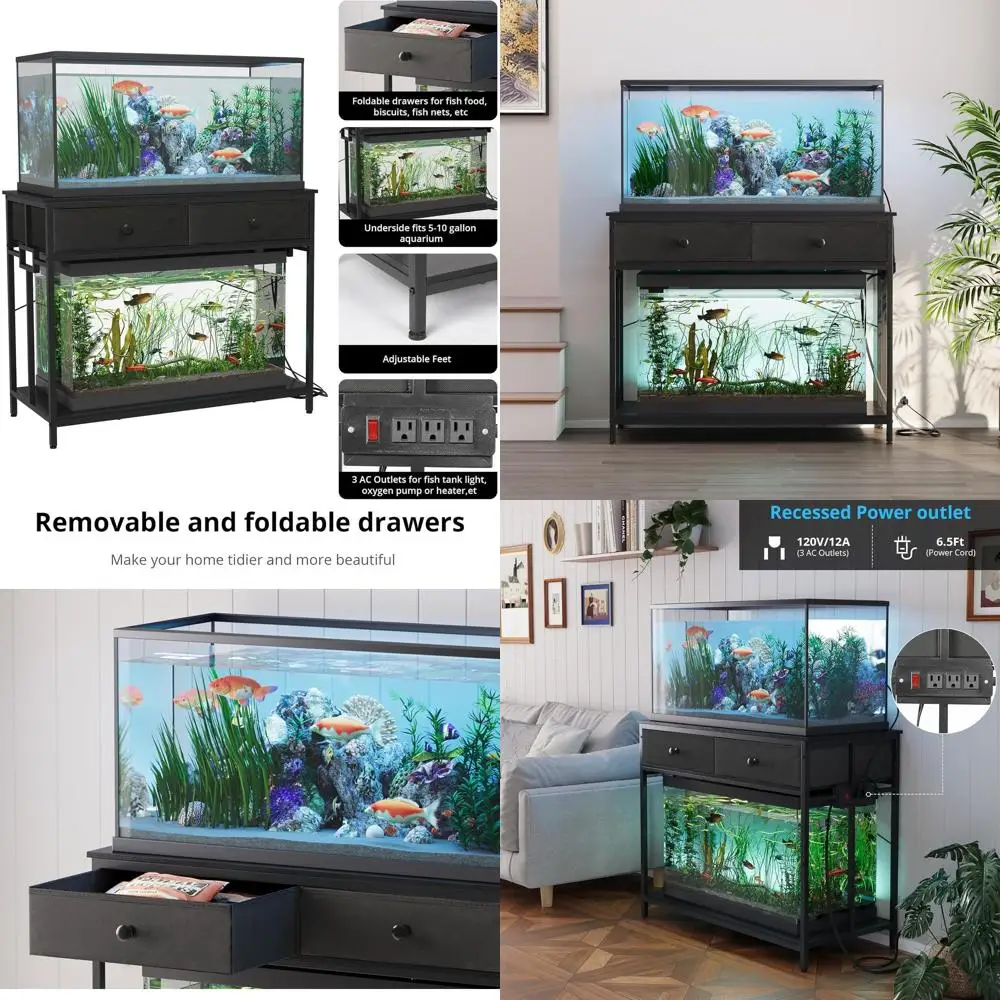 

40 Gallon Metal Aquarium Stand with Cabinet Storage and Power Outlet, 39.4 x 18.9 Tabletop, Supports 660lbs, Black