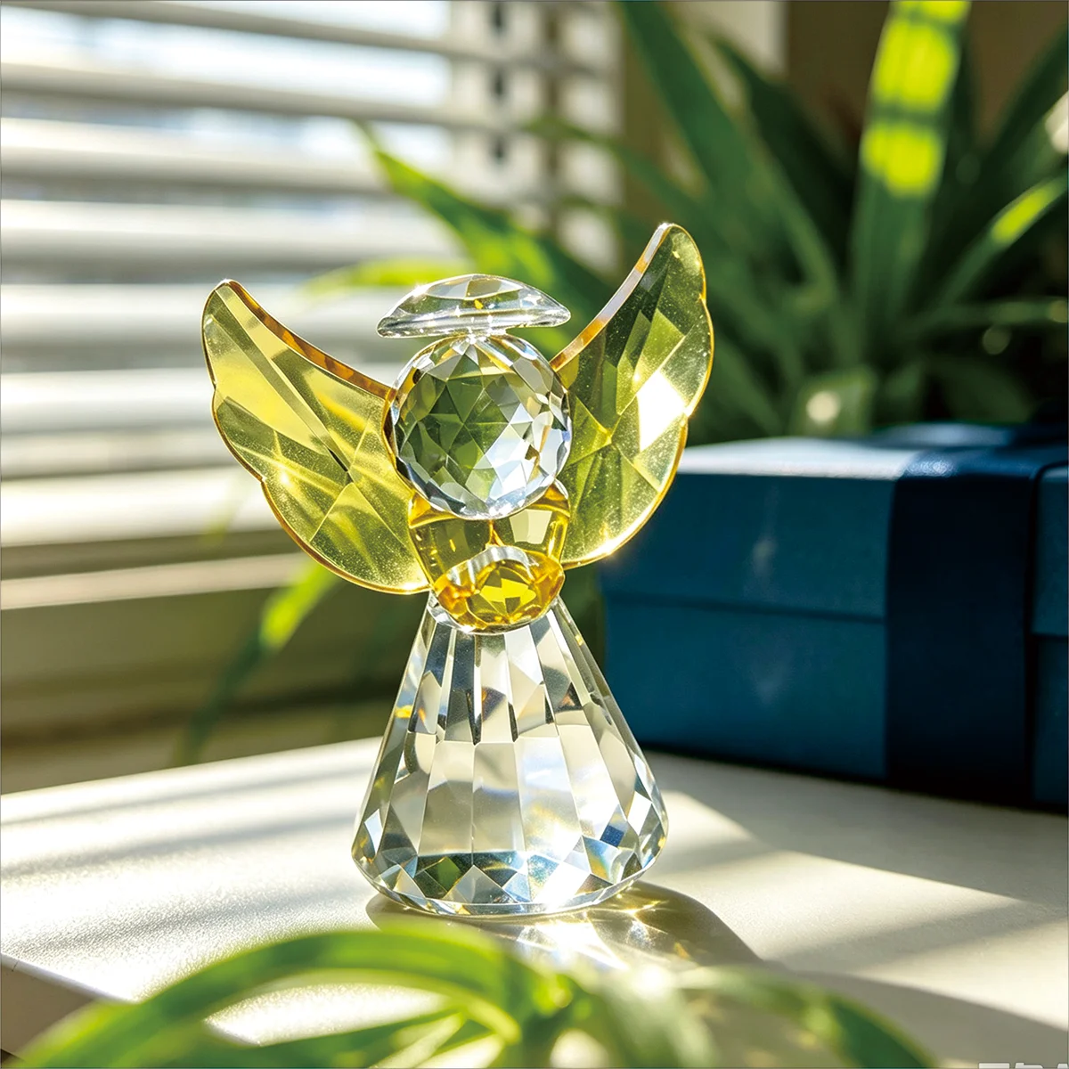85mm Angel Ornament - Glass Yellow Wings Figurine, Christmas Birthday Gift for Her, Home Office Desk Shelf Decor