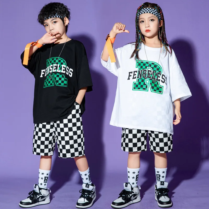 Crianças terno de dança de rua meninos jazz desempenho roupas branco impressão topos xadrez shorts verão meninas hip hop terno