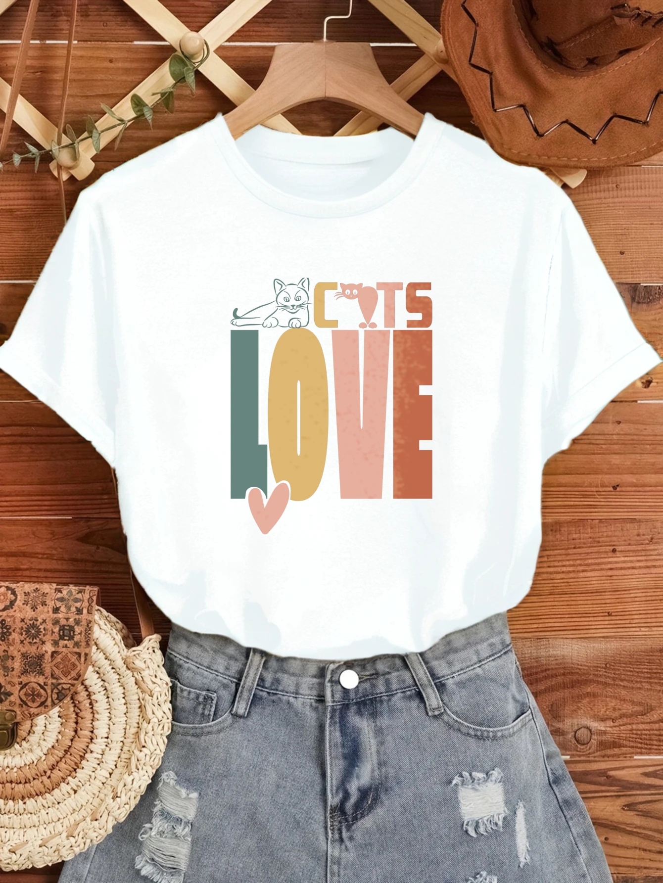 

Women's T-shirts Chinese style Women's clothing Graphic Casual 100% cotton Cats Love Heart Design printed tee Printed t shirt
