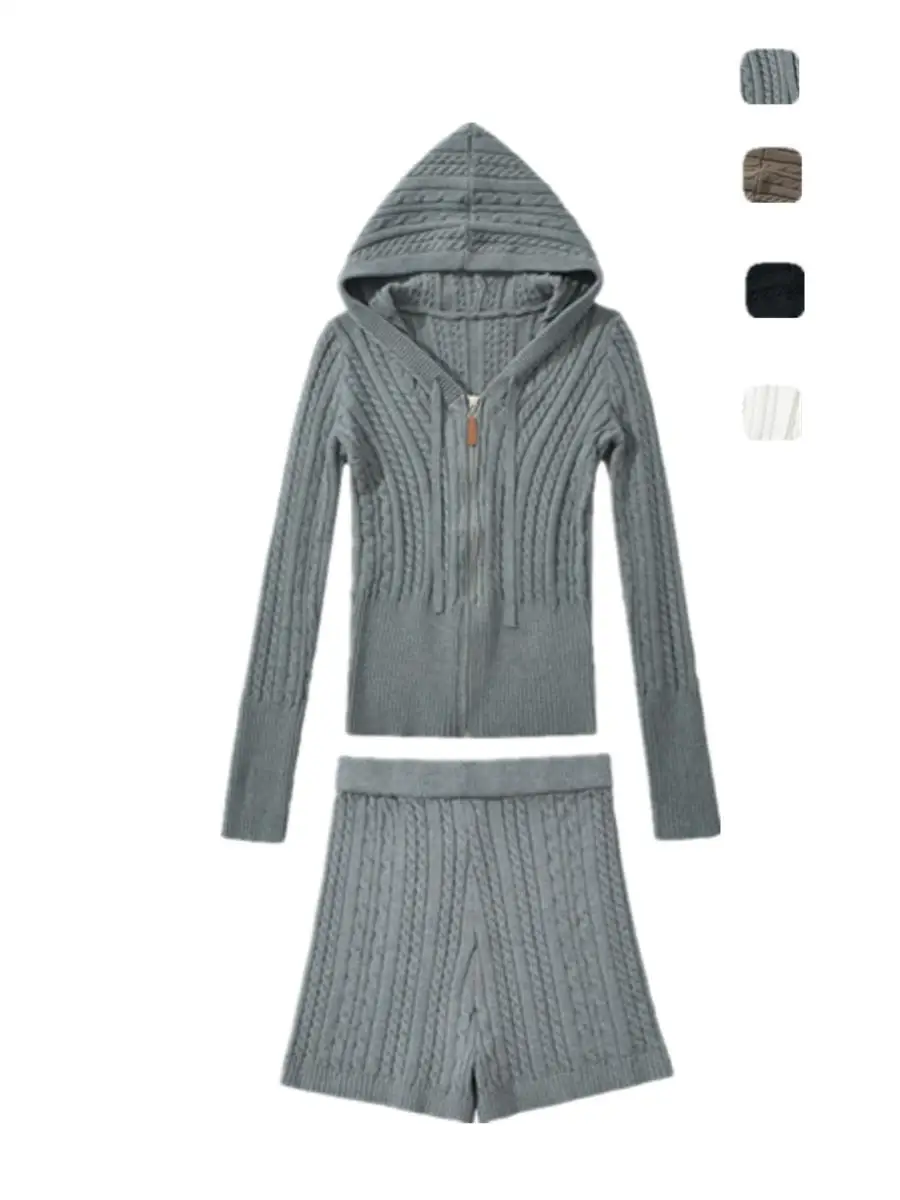 

Длинный вязаный свитер с капюшоном в американском стиле ретро Spicy Girl, пальто, облегающая юбка, комплект из двух предметов, женская мода