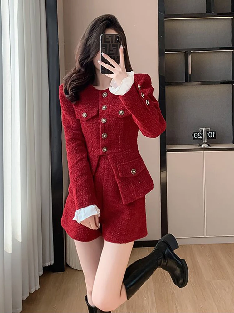 Autumn Winter Clothes Tweed Two Piece Pant Set Women High Street Luxury Fashion Jacket Coat + Short 2 Piece Sets Women Outfit