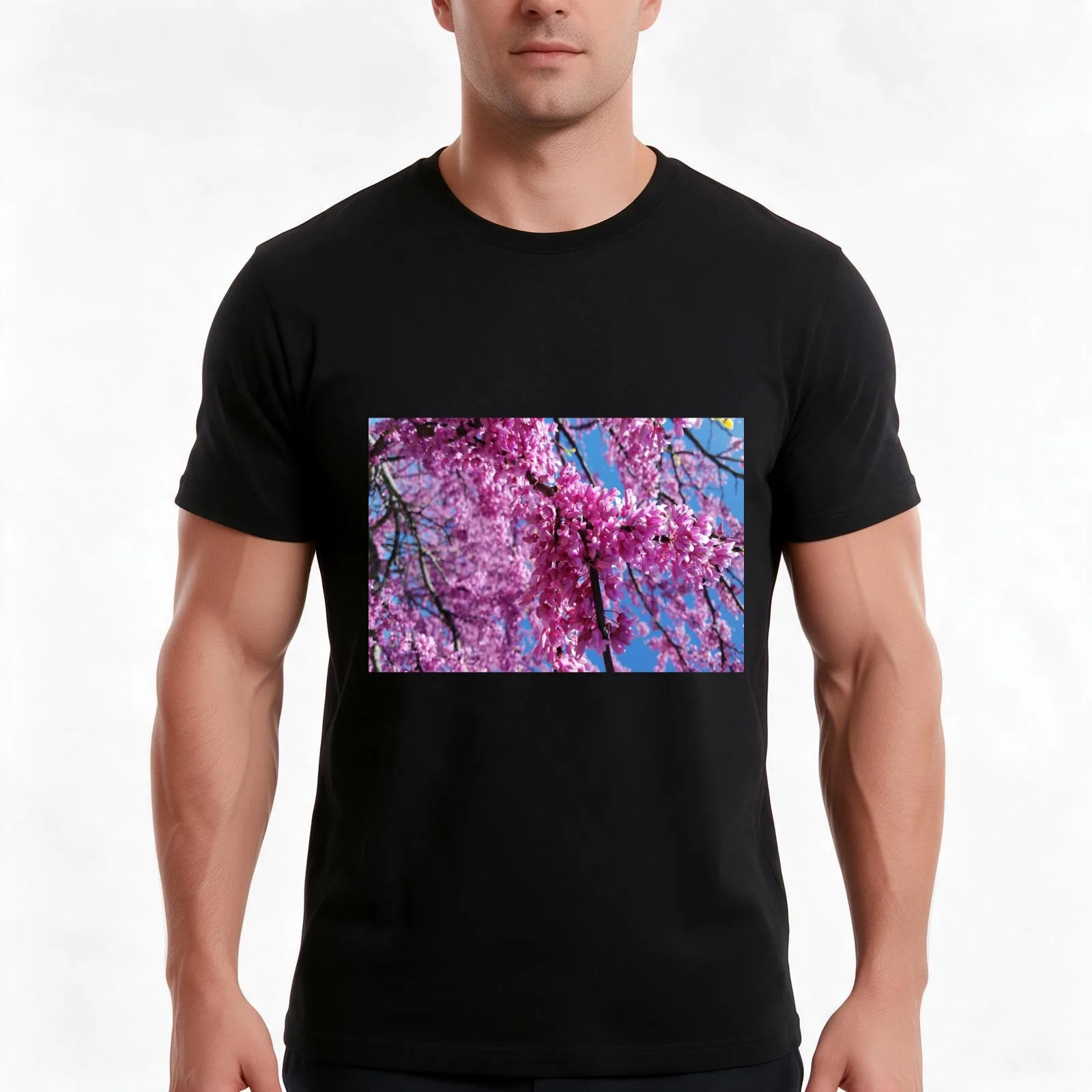 Redbud Tree Photograph Pink Flowers T-Shirt, Summer Casual Cotton Tee, Oversized Streetwear Tops, Vintage Graphic Print