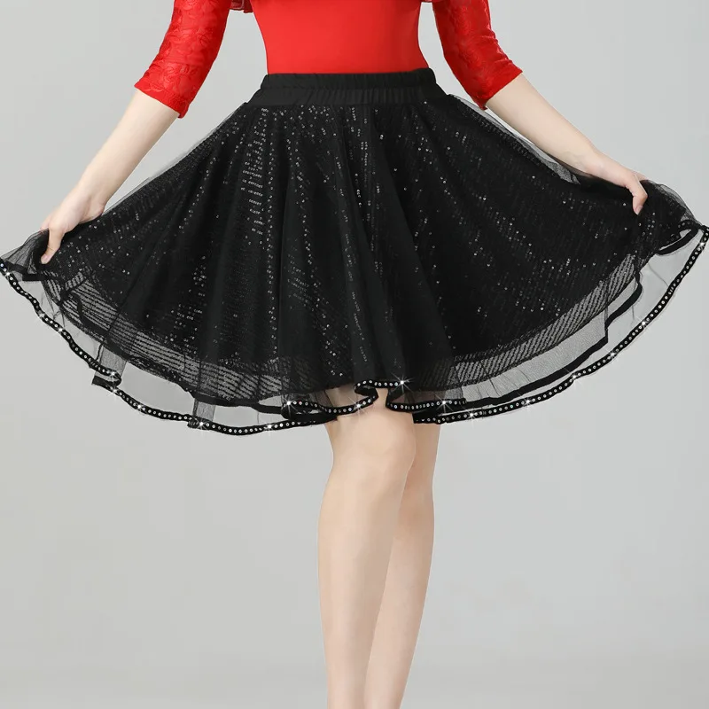 

New Sequins Swing Modern Dance Skirt Square Sorority National Standard Practice Skirt Performance Female Three-step Fluffy Skirt