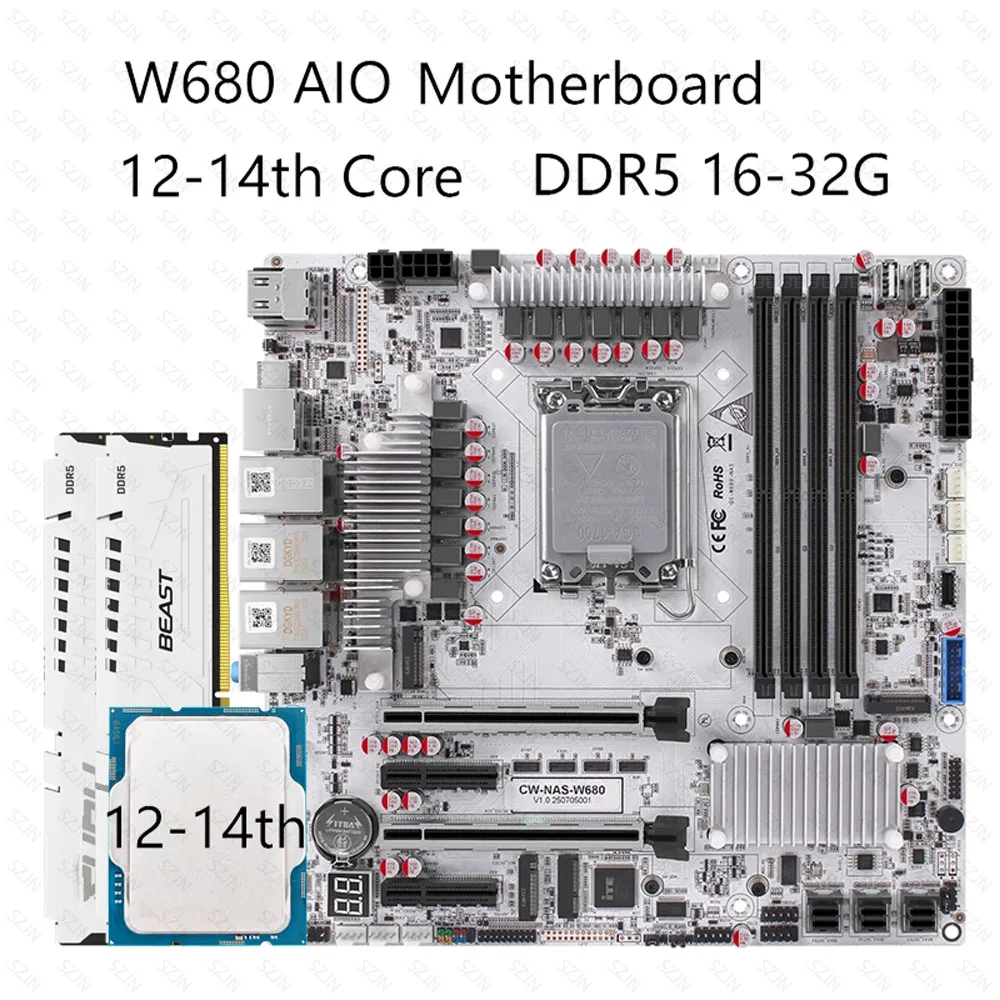 Juego de placa base W680 AIO Nas con 12-14th Core DDR5 Max 128GB PCIE5.0 compatible con 12 * SATA3.0 3 * M2-NVME estación de trabajo todo en uno