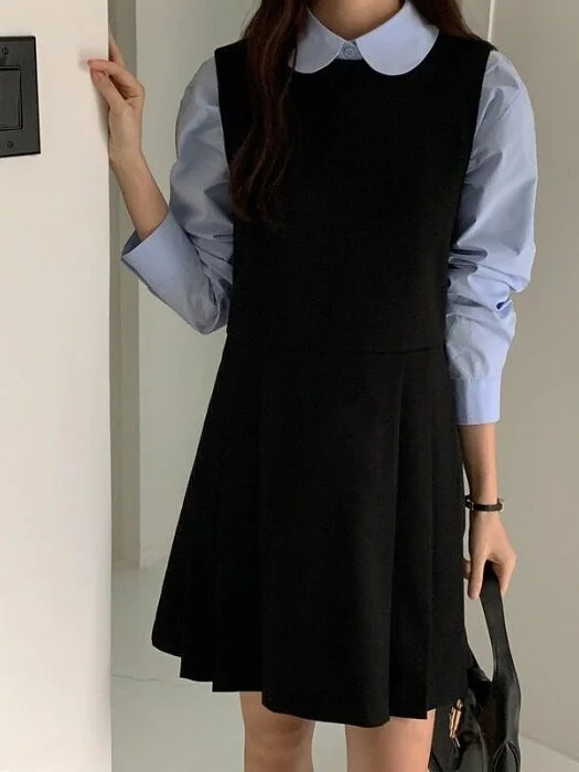 Black Midi Dress Women's Autumn High-End Sensation Outerwear  Design College Style Fashionable Age-Defying Pleated Vest D...