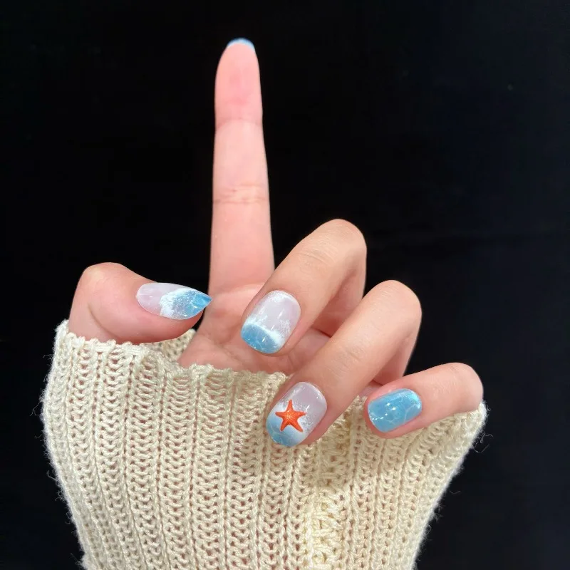 30Pcs False Nails Ocean-Themed Stars Glass Beads and Cat-Eye Short Press-On Nails—Perfect As A Gift for Girls and Friends
