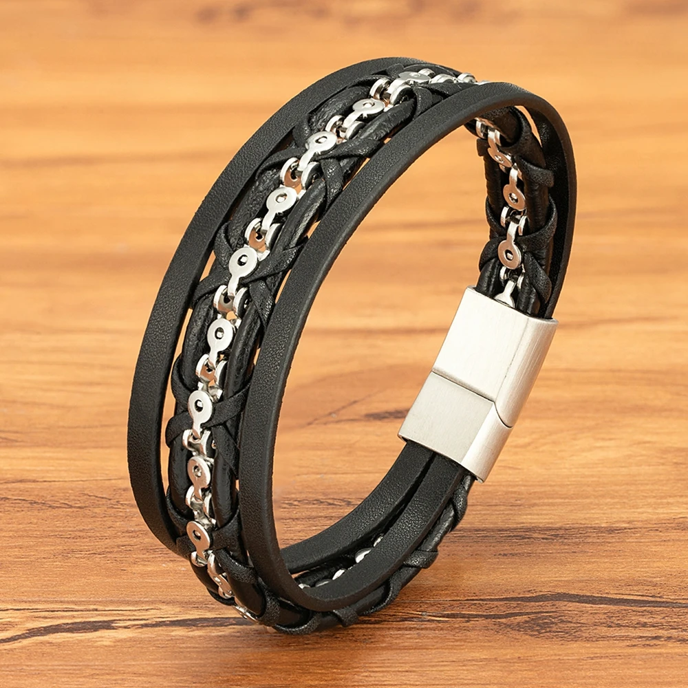 TYO Trendy Multilayer Leather Mens Bracelet Stainless Steel Magnetic Buckle Chain Bangles Jewelry Gift Wholesale Dropshipping