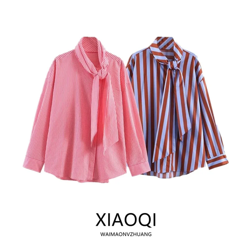 

Весна-Лето 2026: Новинка! Женская рубашка с длинным рукавом, высоким воротником, узлом и полосками, свободного кроя, в стиле для офиса и повседневной носки.