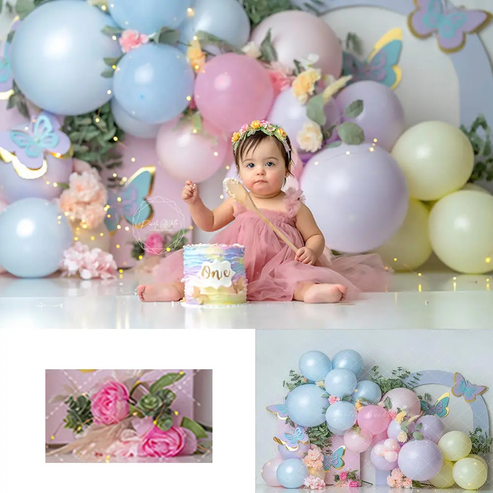 

Spring Balloons Arch and Butterfly Backdrop Kids Baby Cake Smash Photography Props Child Girls Adult Birthday Photo Backgrounds