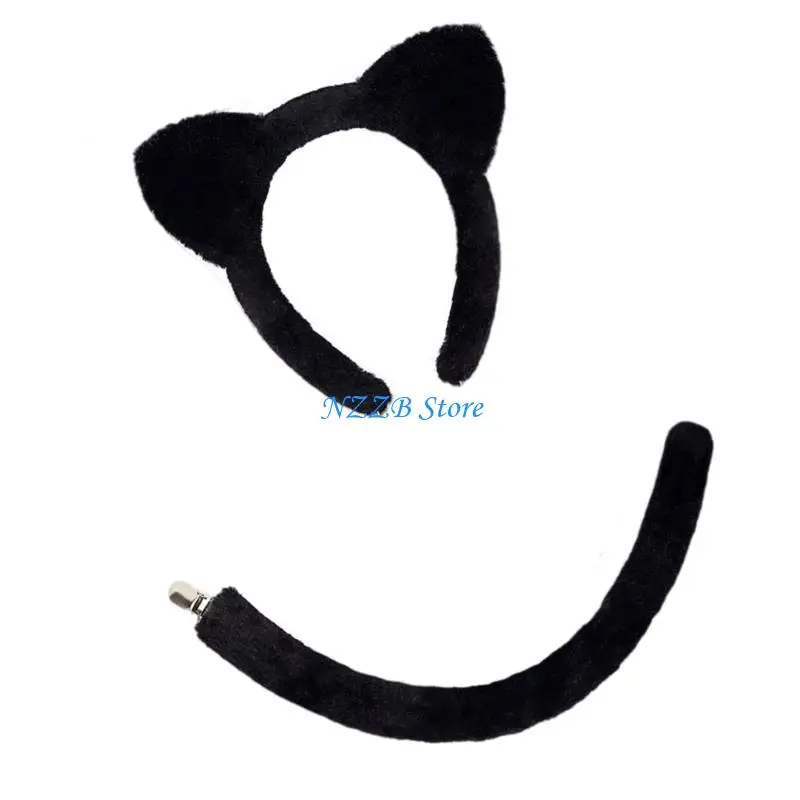 

T21F Animal Ear Hair Accessory Plush Soft Costume Props Cosplay Headband and Tail For Halloween Themed Event Photography