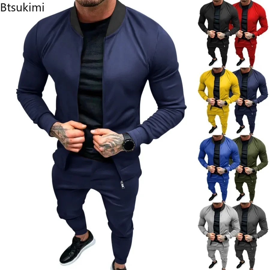 2024 Men\'s Casual 2PCS Pants Sets Solid Slim Tracksuits Sets Man Stand Collar Long Sleeve Zipper Jackets and Trousers Sets Male