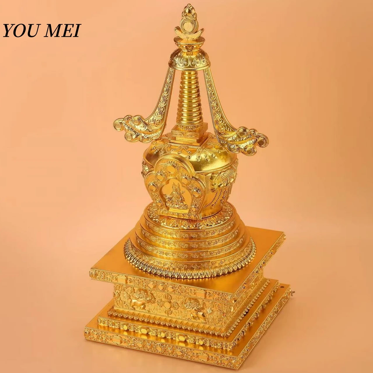 Large Size Buddhist Relics Pagoda,Golden Engraving Alloy Double-Layer 33 cm Tower,Tibetan Altars Stupa,Buddhist Item Religious
