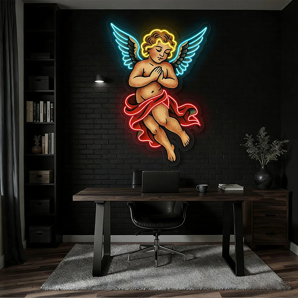 Neon z nadrukiem UV Cherub Angel, Kolorowy neon z modlącym się aniołem, Neon z anielskim skrzydłem, Neon z aniołem stróżem, Neon z cherubinem
