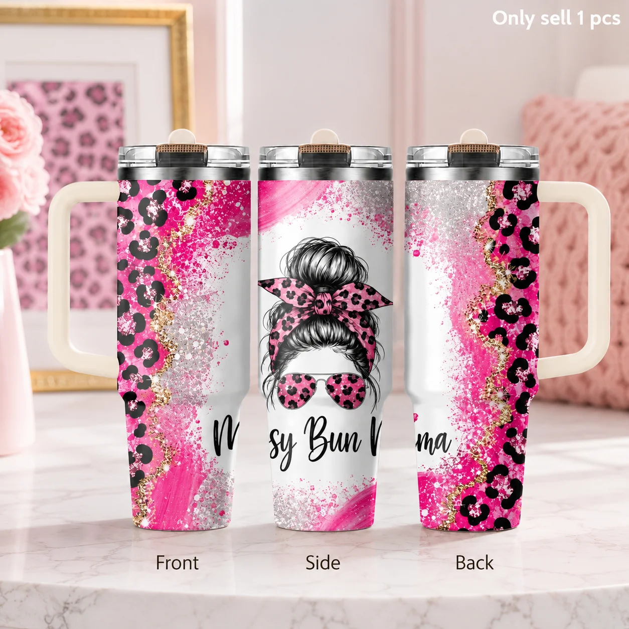 Messy Bun Mama Pink Leopard Glam Vacuum Flasks 40oz 3rd Gen Vacuum Insulated Stainless Steel Tumbler Cup With Handle Straw Lid