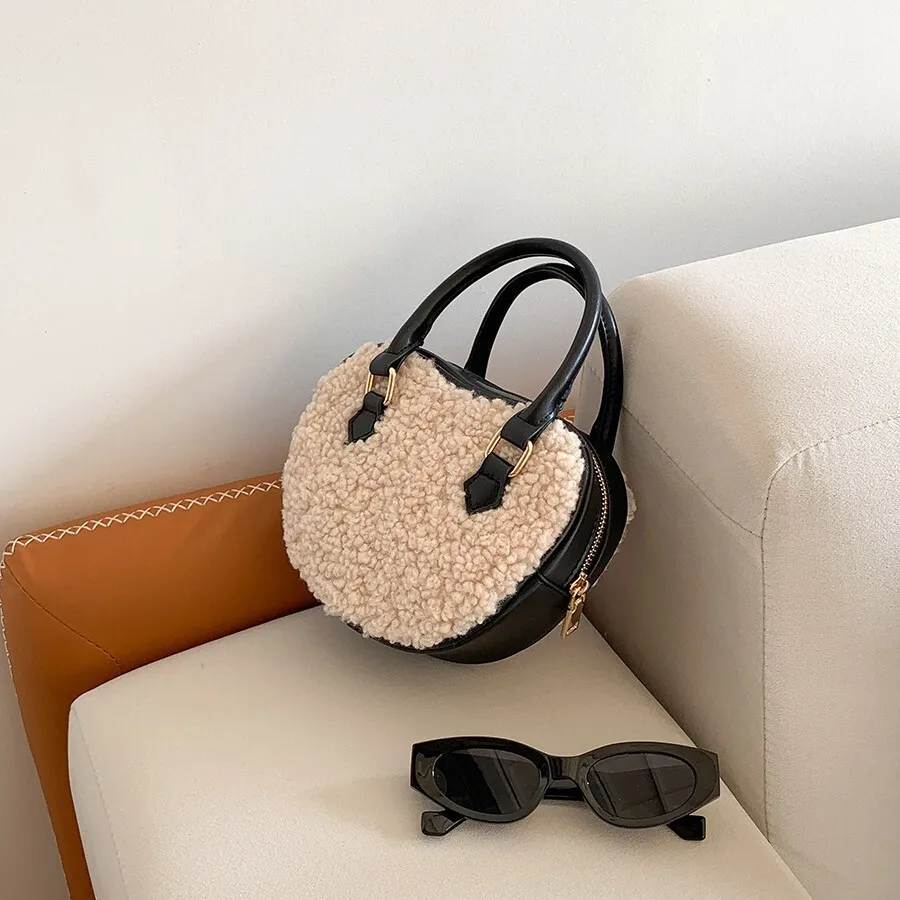 Apple Heart Shape Lady Shoulder Crossbody Bag Small Luxury Warm Lamb Wool Patchwork Leather Women Top-handle Hand Bag