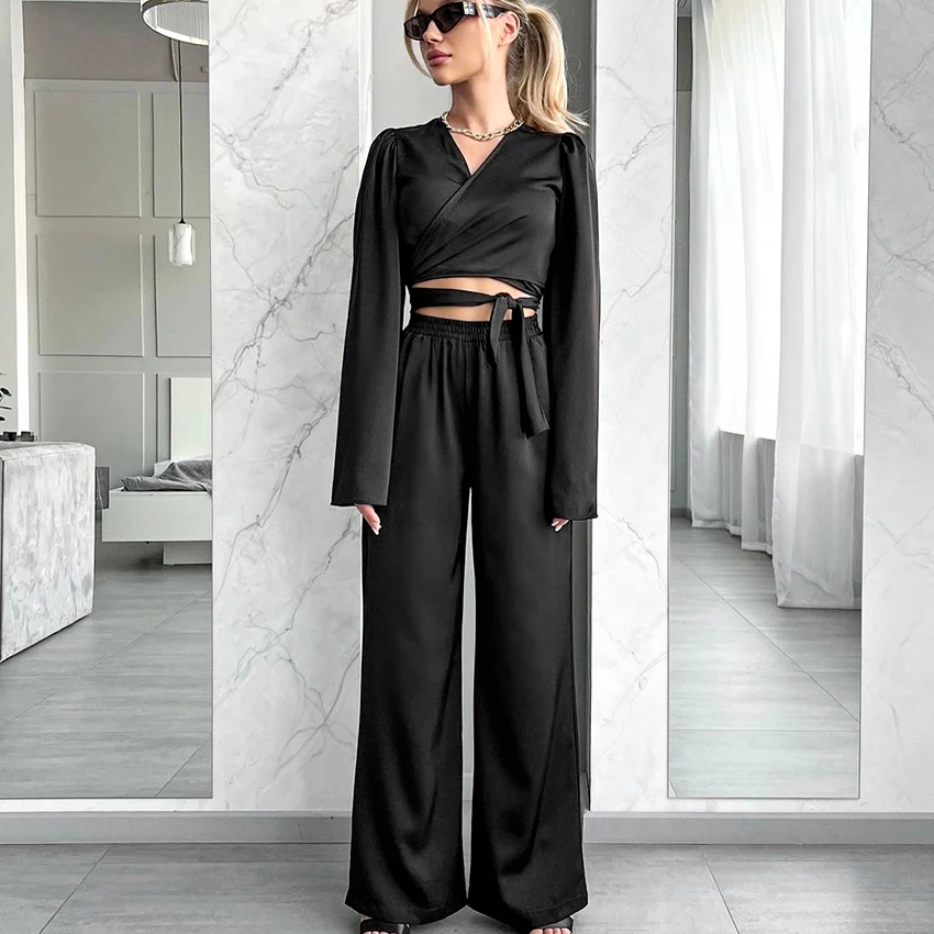 HiLoc Black Fashion Woven Women'S Pajamas Two-Piece Long Sleeve V-Neck Wrap-Around Lace-Up Top Elastic Waist Full Length Pants