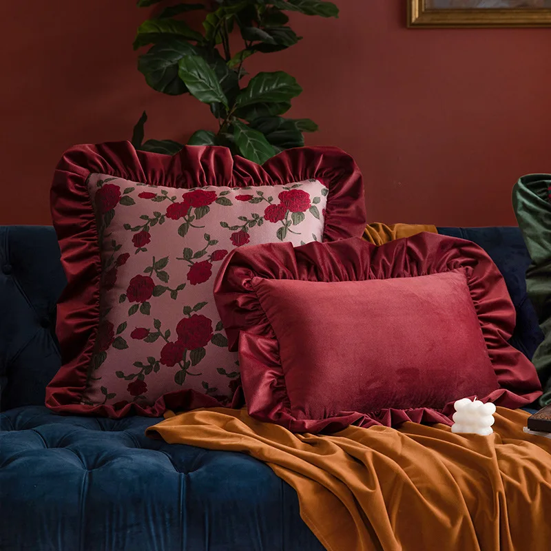 Vintage Rose Falbala Sofa Pillow,European Countryside Style Flower Sofa Cushion, High-end Light Luxury Bedside Decorative Pillow