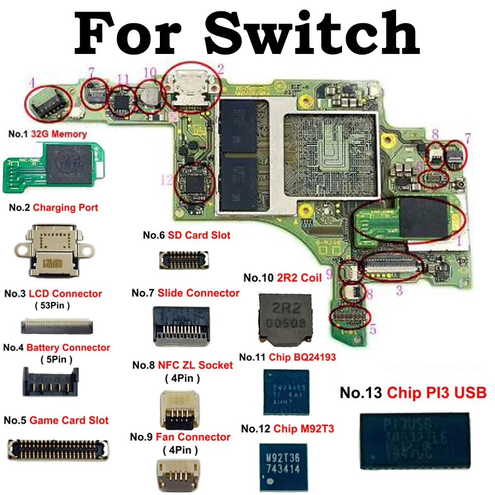 Motherboard Chip Type-C Charging Port 32G Memory 2R2 Coil Slide Card Slot Battery ZL Socket LCD Screem FPC Connector For Switch