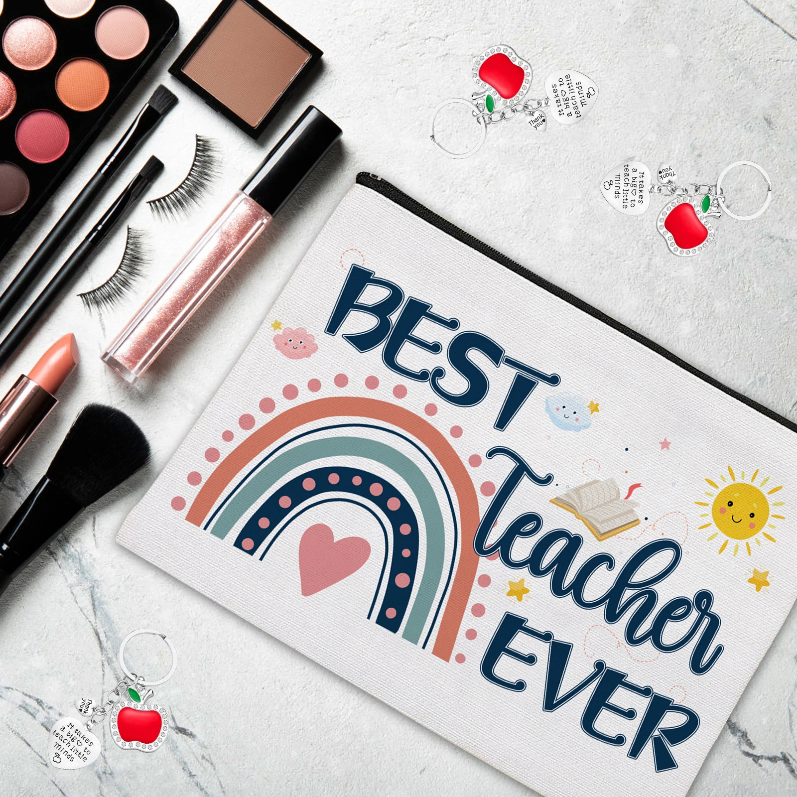 Teacher Appreciation Gifts Set, 6 PCS Makeup Cosmetic Bags with 6PCS Heart-Shaped Keychains with Diamonds, Valentines Graduation