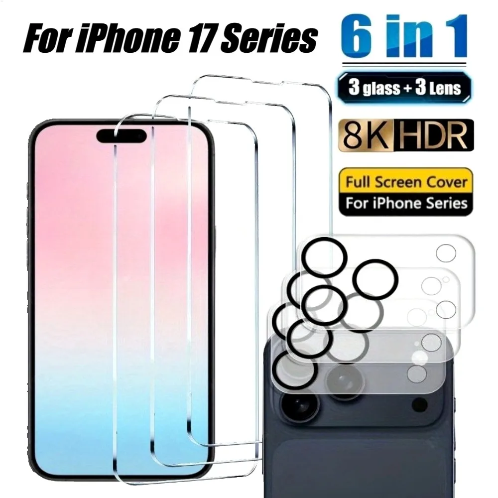 Ультрапрозрачное закаленное стекло 6-в-1 для iPhone 17 16 15 Pro Max 16e 17 Пленка для объектива воздушной камеры для iPhone 14 13 12 11 Pro 14 15 Plus Ультрапрозрачное закаленное стекло 6-в-1 для iPhone 17 16 15 Pro Max 16e 17 Пленка для объектива воздушной камеры для iPhone 14 13 12 11 Pro 14 15 Plus